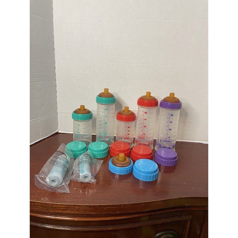 Vtg 90's Playtex Drop Ins 4 & 8 Oz Baby Bottles With Flat Top Brown Latex Nipple